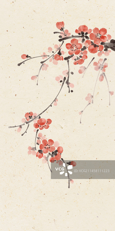 手绘古风红梅梅花枝条水墨画插画图片素材