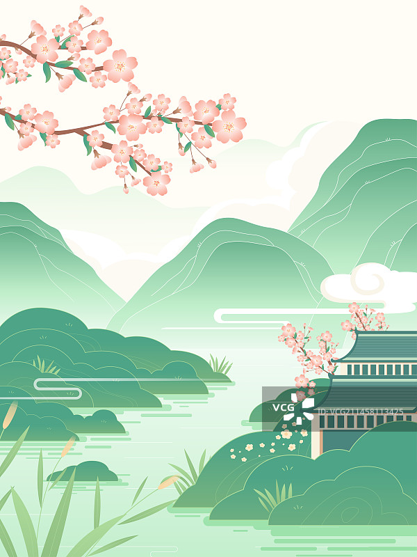 中国风春天山水桃花湖面庭院图片素材