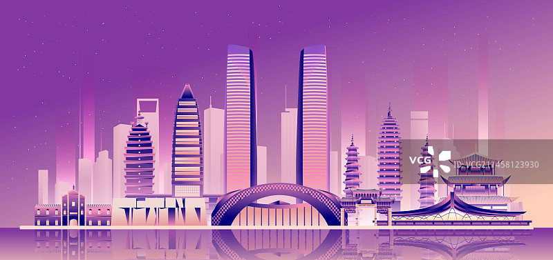 昆明城市地标建筑彩色渐变矢量插画海报图片素材