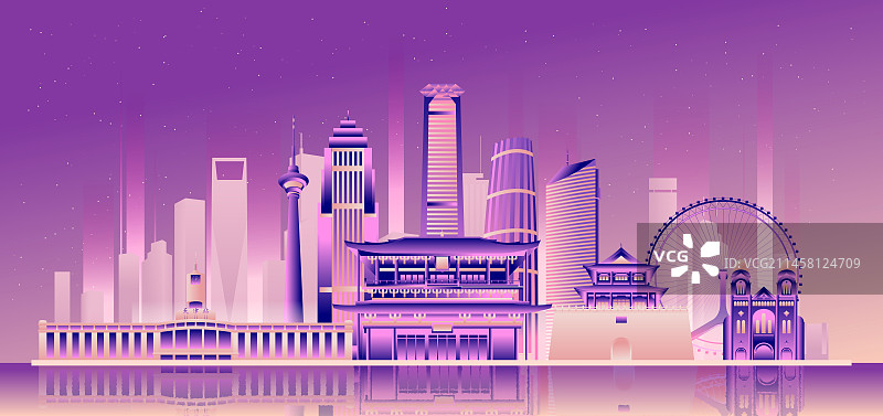 天津城市地标建筑彩色渐变矢量插画海报图片素材