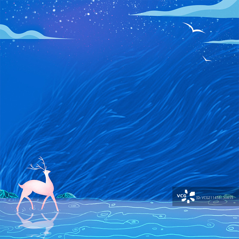 一头白色的神鹿在夜晚的小河边散步图片素材