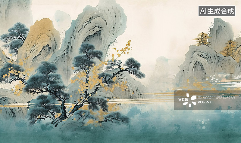 【AI数字艺术】水面树木山峰水彩中国风国潮画图片素材