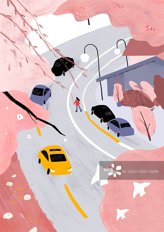 街道马路转角唯美清晰俯视手绘感肌理插画图片素材