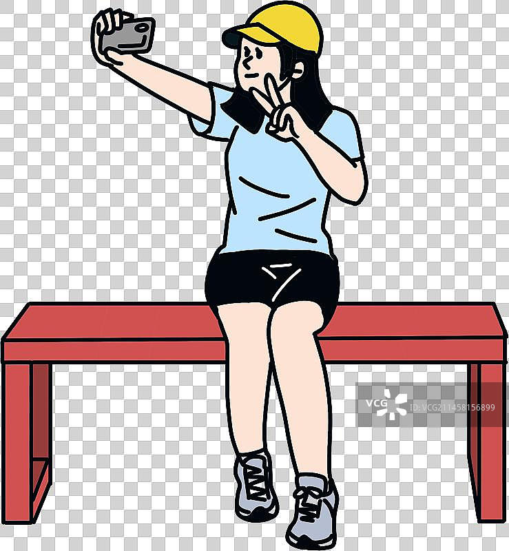 人描线漫画插画帽子少女坐长椅手机自拍正面比耶彩色图片素材
