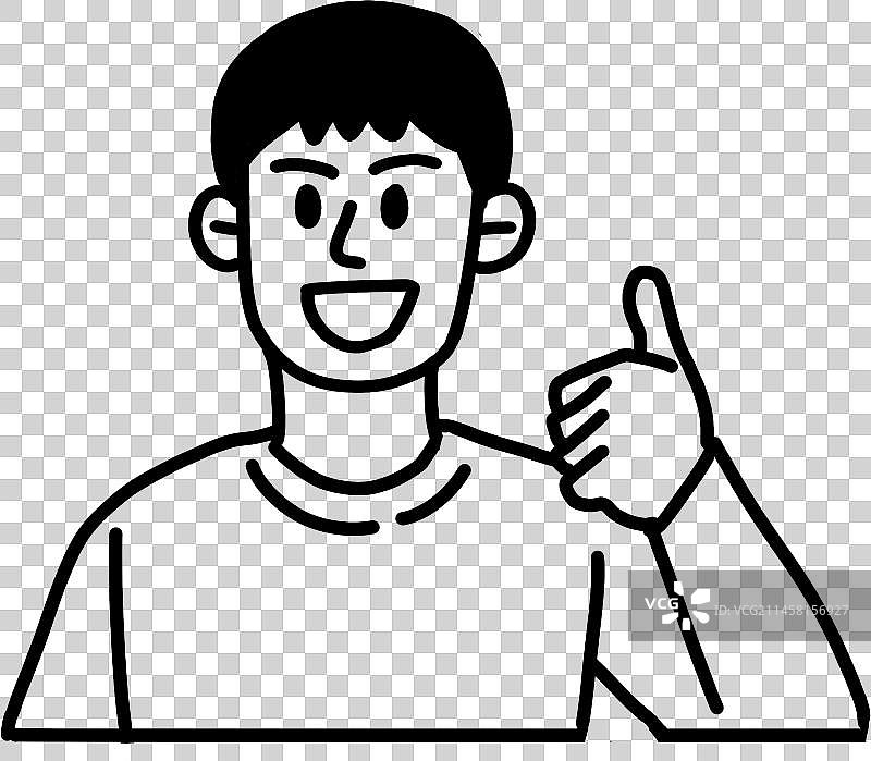 人描线漫画插画年轻男子半身像竖起大拇指点赞黑白图片素材