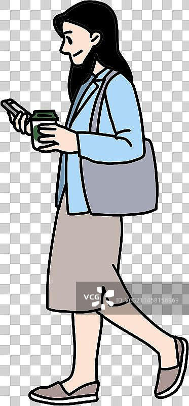 人描线漫画插画精英西装女人走路侧面，拿着外卖咖啡，看手机发短信侧面图片素材