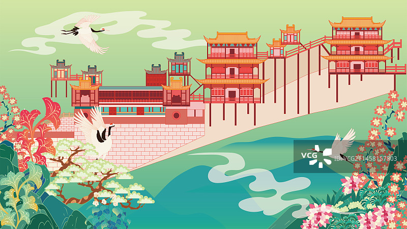 国风地标系列—国潮风山西悬空寺矢量插画图片素材