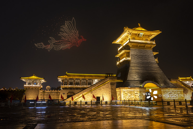襄阳唐城景区无人机灯光秀城市旅游风光图片素材