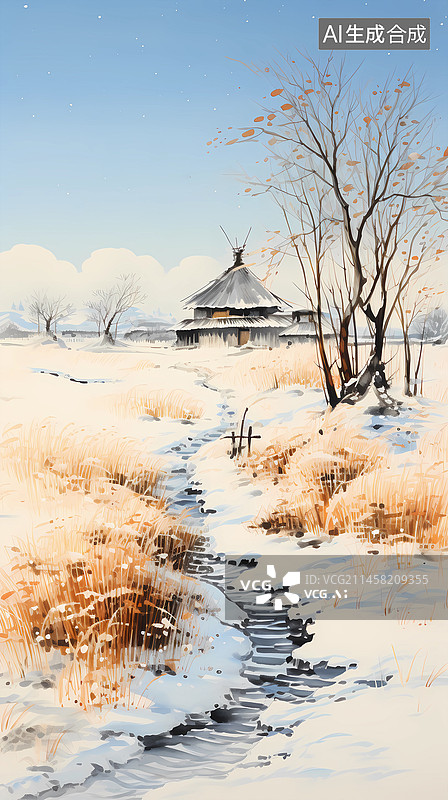 【AI数字艺术】积满雪的乡村冬景插画图片素材