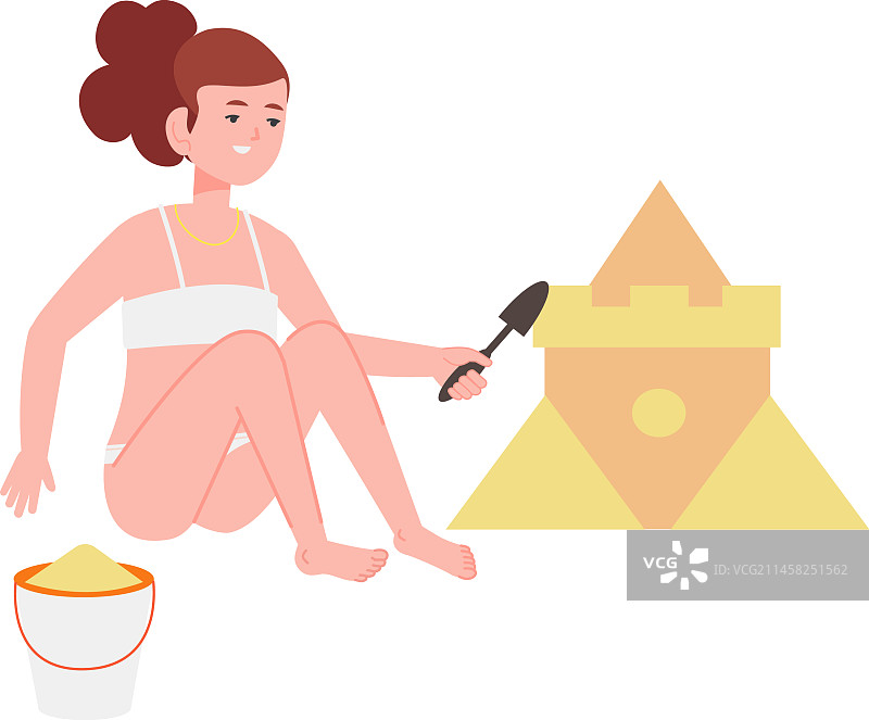 女孩堆沙堡，儿童玩沙滩游戏图片素材