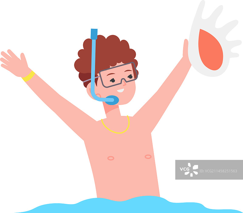 男孩浮潜并发现贝壳图片素材