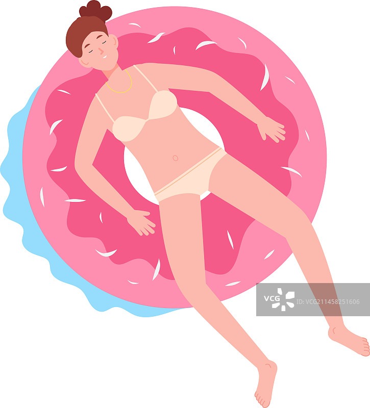 女人躺在卡通充气甜甜圈上休息图片素材