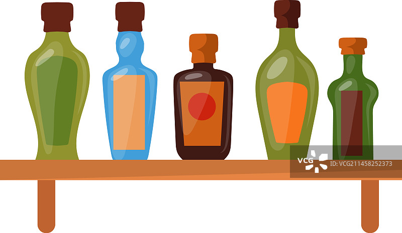 带有卡通酒精玻璃瓶的木制搁板图片素材