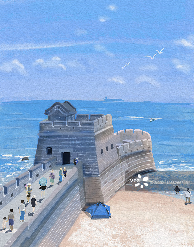 海边长城插画图片素材