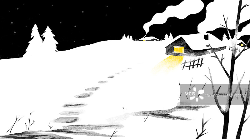 冬天森林小屋的夜晚现代主义抽象插画图片素材
