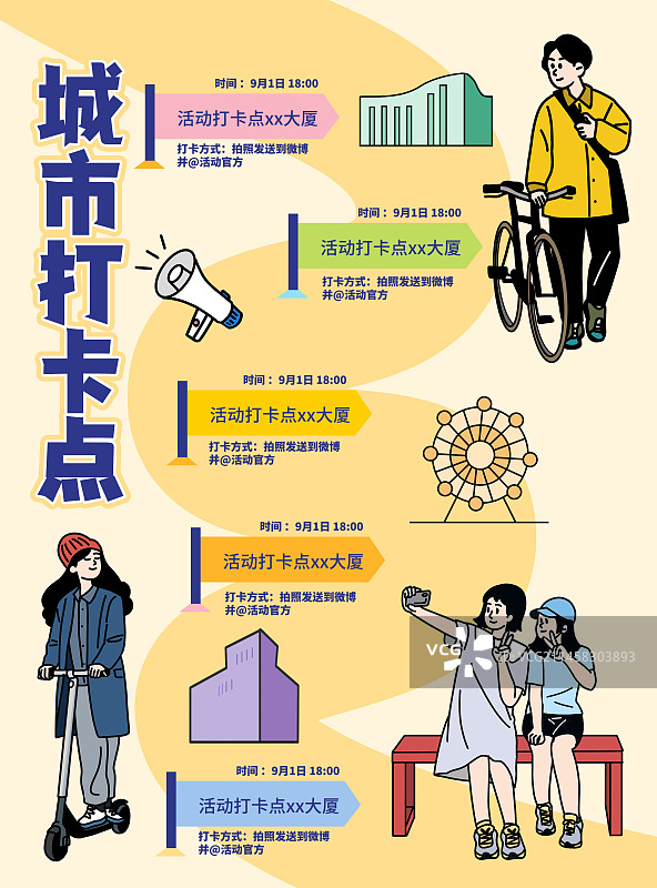 海报扁平插画描线城市旗帜打卡点路线图图片素材