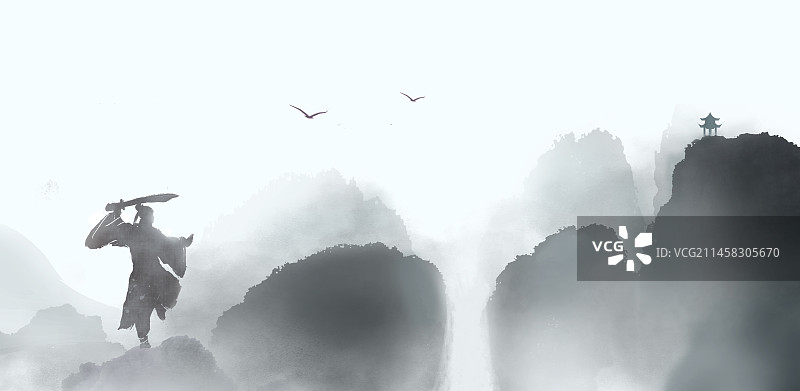 水墨山水高山流水画卷少侠道长山峰舞剑图片素材