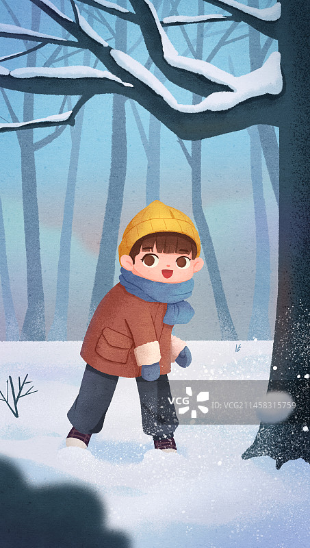 冬天下大雪，孩子打雪仗玩耍，大雪节气插画图片素材