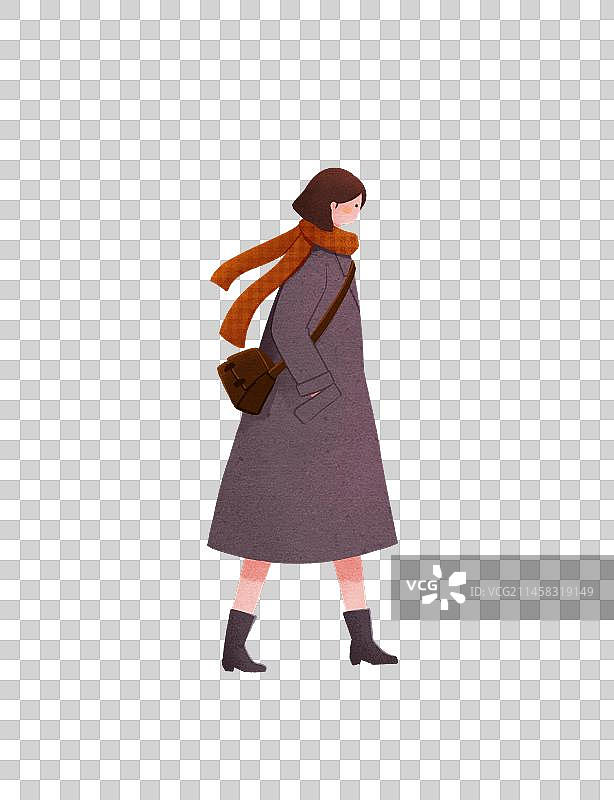 冬天行走的少女侧面人物元素插画图片素材