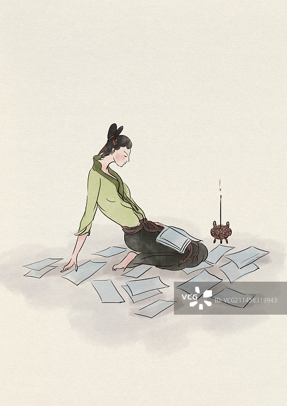 中国风新中式古风古典传统历史文化文人墨客女诗人水墨风意境插画图片素材