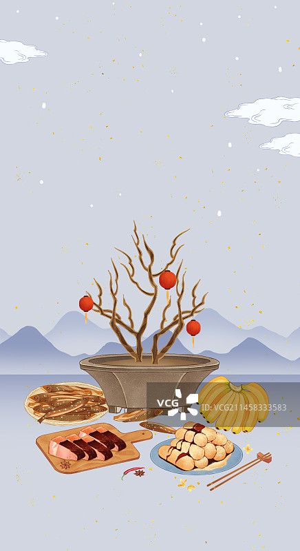 二十四节气小雪美食鱼干腊肉红糖糍粑香蕉插画山水图片素材