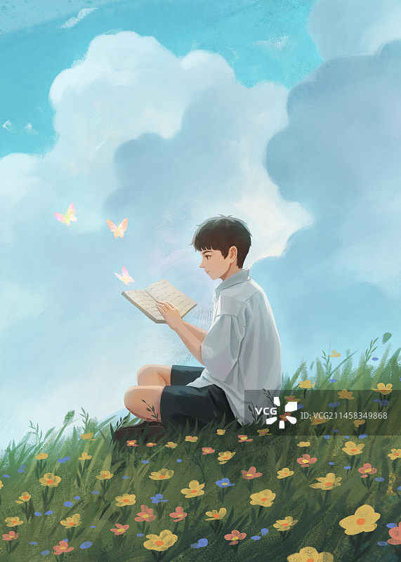 蓝天白云下的少年图片素材