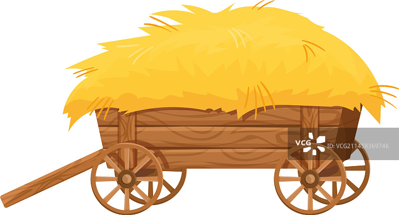 装满金色稻草的卡通木制手推车图片素材