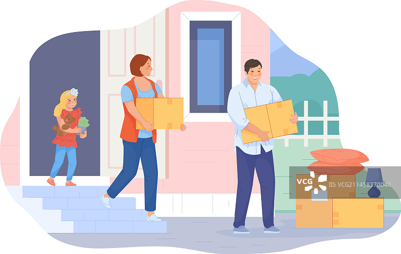 全家搬家，快乐的父母和孩子图片素材