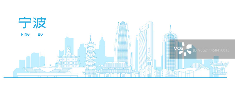 宁波城市地标建筑矢量蓝色插画海报图片素材