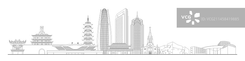 宁波城市地标建筑黑色矢量插画图片素材