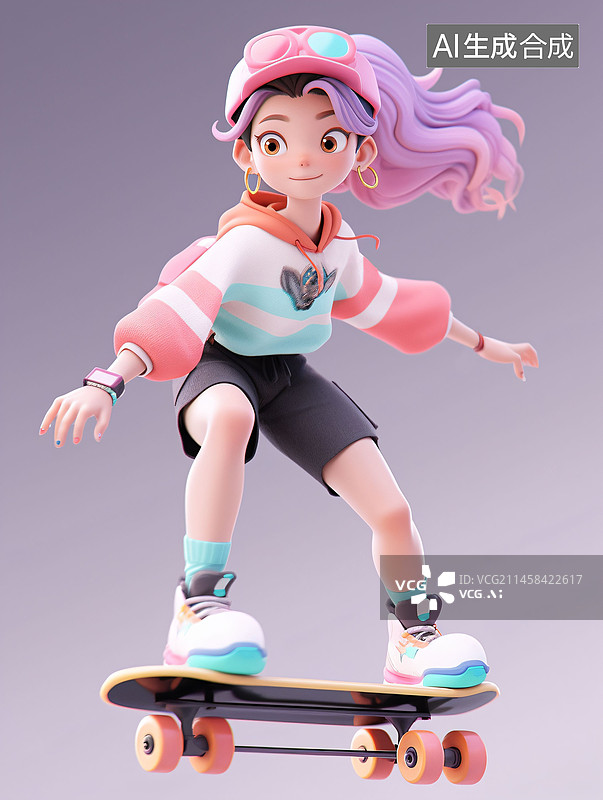 【AI数字艺术】一个玩滑板的可爱的女孩，泡泡玛特，玩偶，手办，三维，C4D图片素材