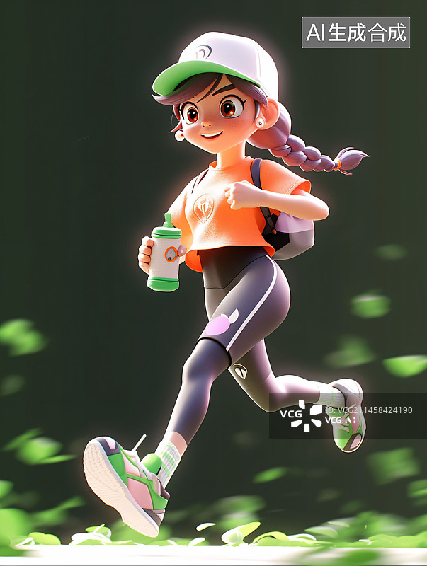 【AI数字艺术】跑步的女孩，三维卡通，手办，玩偶，可爱，泡泡玛特，迪斯尼风格，C4D，体育运动，健身，图片素材
