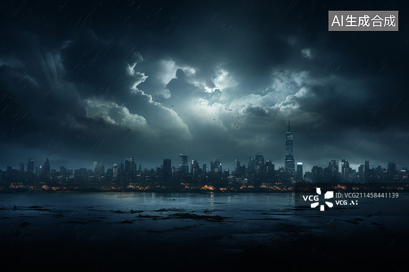 【AI数字艺术】阴天雨天现代城市天际线背景图图片素材