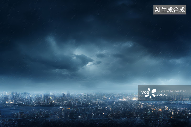 【AI数字艺术】阴天雨天现代城市天际线背景图图片素材