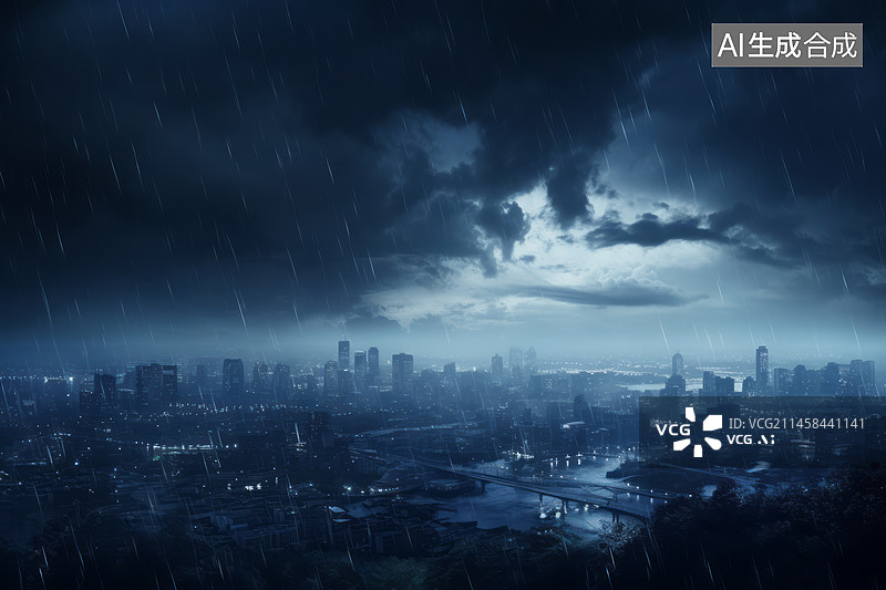 【AI数字艺术】阴天雨天现代城市天际线背景图图片素材