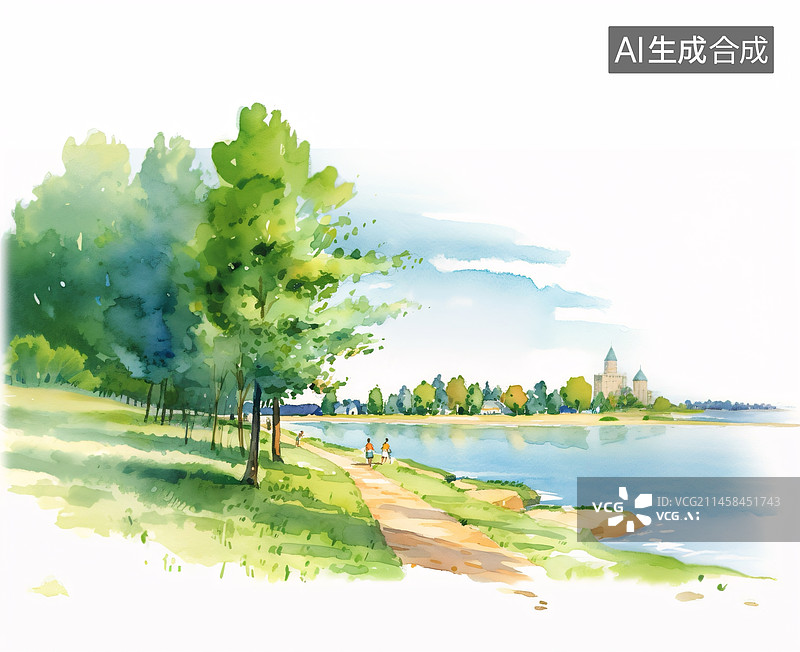 【AI数字艺术】公园湖边风景水彩风格图片素材