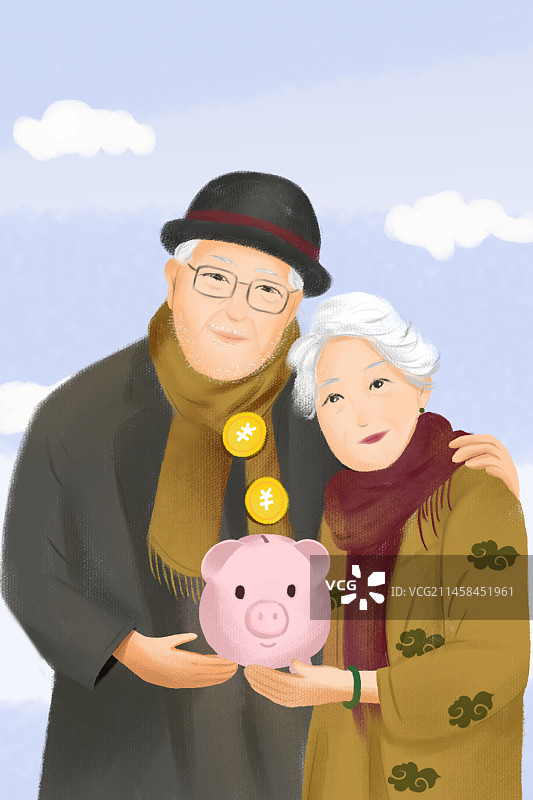储蓄养老金老人爷爷奶奶人物扁平风插画图片素材