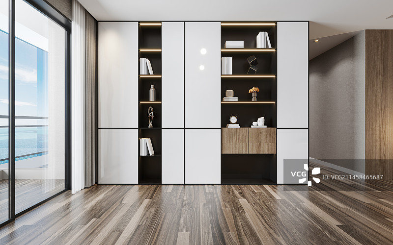 现代风格客餐厅空场景书柜展示架背景墙图片素材