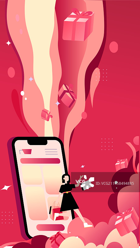 红色手机矢量购物消费促销电商新年运营插画图片素材