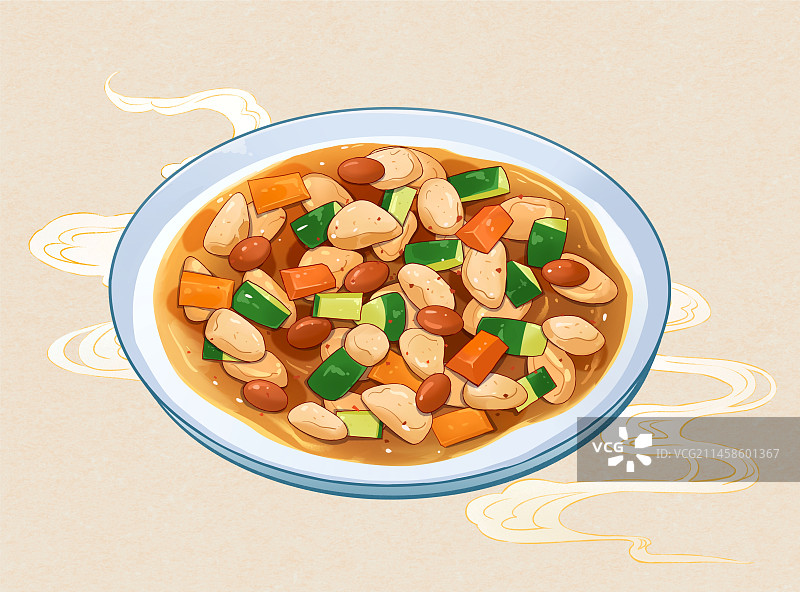 中华美食宫保鸡丁手绘风格插画图片素材