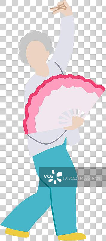 蓝色系扁平插画素材老年女性扇子舞锻炼身体运动图片素材