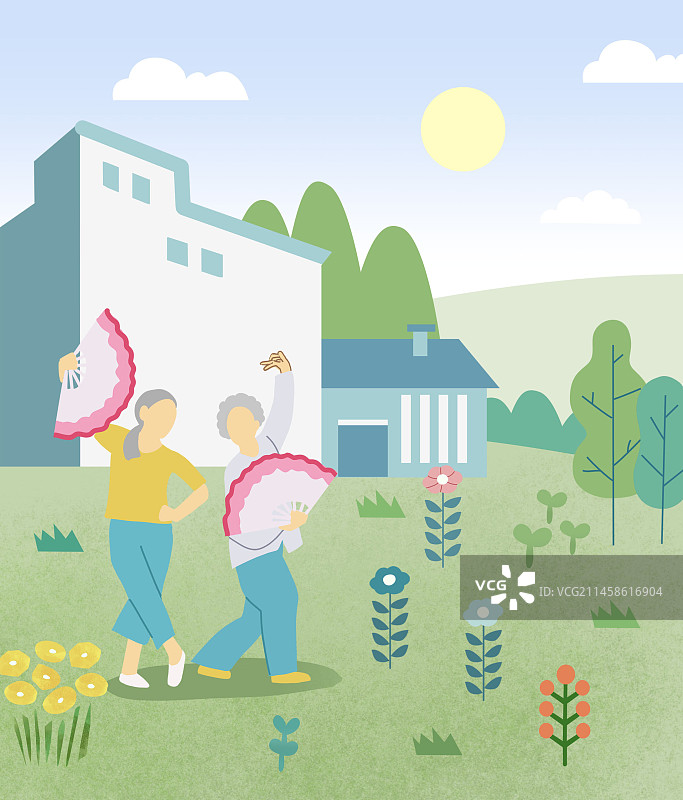 蓝色扁平插画生活养老老年人跳扇子舞，阳光下锻炼身体图片素材