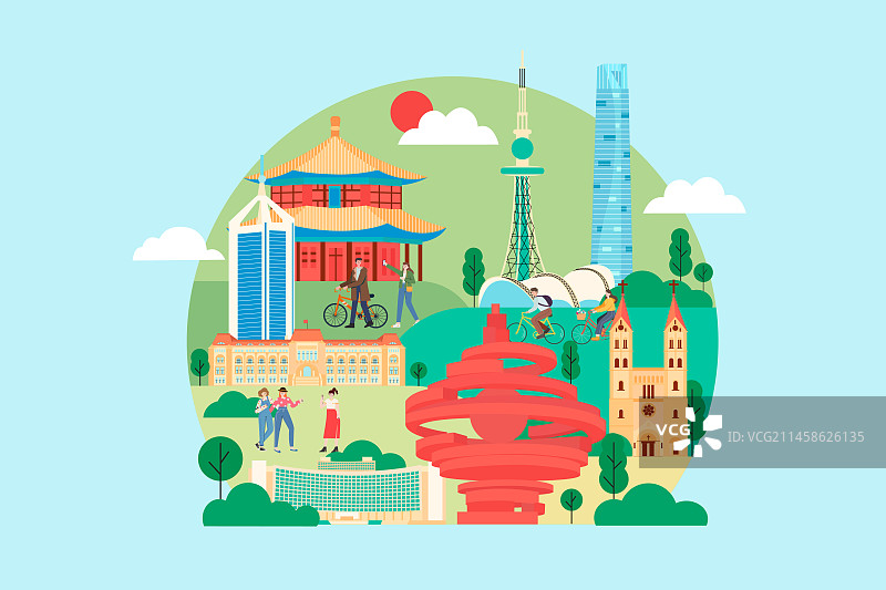青岛现代城市生活矢量插画图片素材