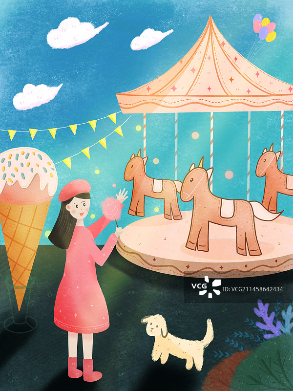 可爱的女孩在游乐园吃棉花糖图片素材