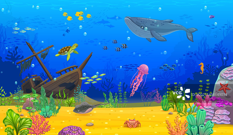 卡通水下景观鲸鱼沉船图片素材
