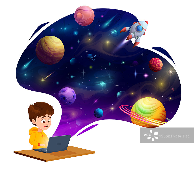 用笔记本电脑梦想着太空的卡通男孩图片素材