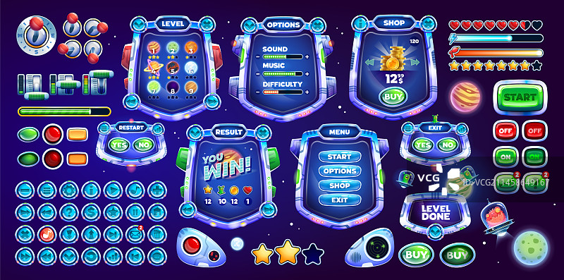 卡通星系太空游戏UI界面元素图片素材