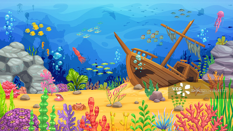 沉船、鱼和海藻水下景观图片素材