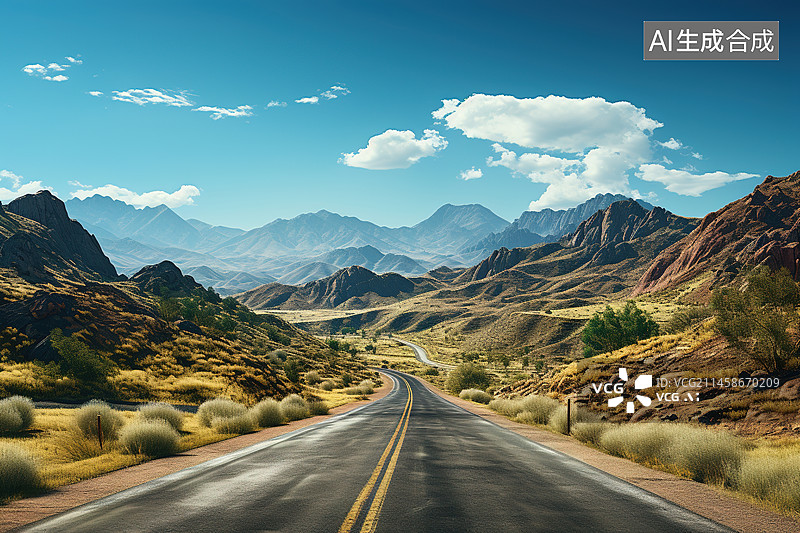 【AI数字艺术】夕阳下的丘陵公路图片素材