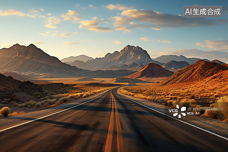 【AI数字艺术】夕阳下的丘陵公路图片素材